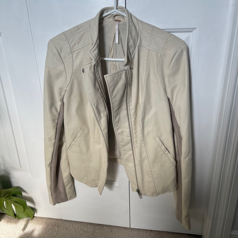 Free People Vegan Cream Leather Moto Jacket